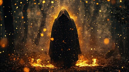 Mysterious Hooded Figure Emitting Golden Light and Fire in a Dark, Enchanted Forest Setting