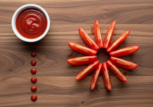 Tomato star with vertical ketchup droplets leading from bowl, graphic culinary arrangement on wood for healthy recipe spreads, menu design and food editorial features