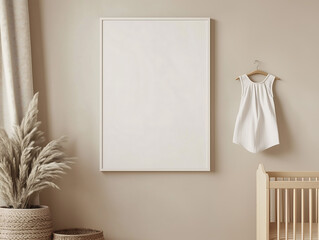 Blank white frame mockup on beige wall in nursery room with baby dress and crib, 베이지 벽에 걸린 빈 백색 액자 목업이 있는 아기 드레스와 유아용 침대가 있는 육아실