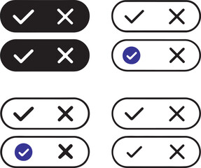 Valid invalid button black vector icons set, editable toggle approval rejection symbols, modern flat style, clean bold shapes, valid invalid icons, buyer focused vector design