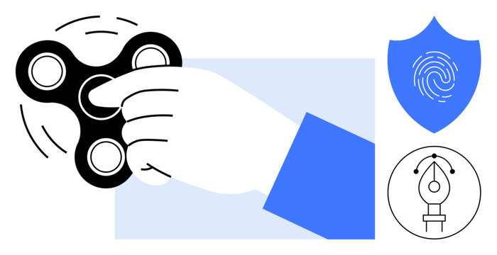 Hand spins a fidget spinner, blue shield with fingerprint, creative pen tool in circle. Ideal for focus, security, design, creativity, mindfulness technology productivity themes. Simple flat