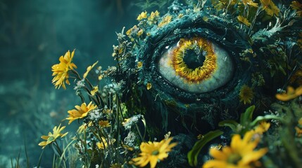 Mystical Organic Eye with Vibrant Yellow Flowers and Lush Green Foliage in a Dreamlike Fantasy Forest Setting