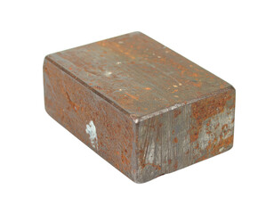 Old rusty rectangular block of solid heavy metal isolated on white.