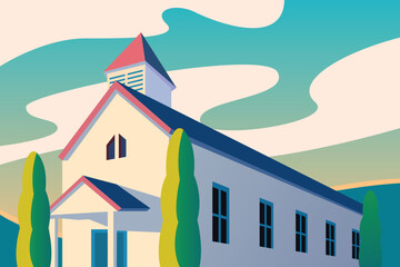 Flat illustration vector in bright colors. Geometric house background design	