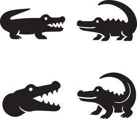 Crocodile animal black vector icons set, editable minimalist animal symbols, modern flat style, clean bold shapes, crocodile icons, buyer focused vector design