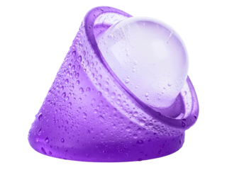 Purple silicone sphere ice mold with a large ice ball on a transparent background