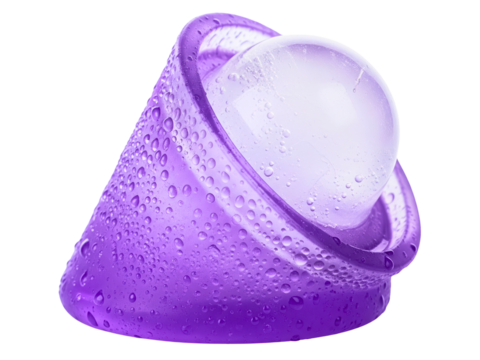 Purple silicone sphere ice mold with a large ice ball on a transparent background