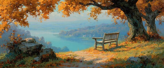 Autumnal vista with bench overlooking serene lake