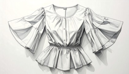 Elegant pencil sketch of a white blouse with unique design and details