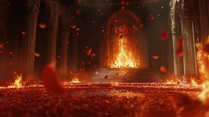Majestic ancient hall engulfed in fiery rose petals and intense golden flames, creating a dramatic and mystical atmosphere, an epic scene with ornate columns and a grand archway