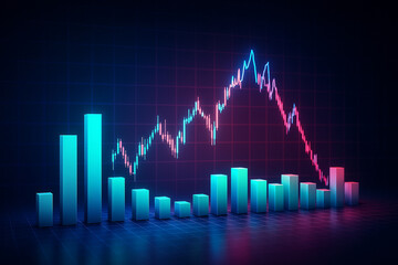 AI generated 3D bar chart and line graph with glowing grid background representing stock market trend analysis financial data and modern digital investment concept
