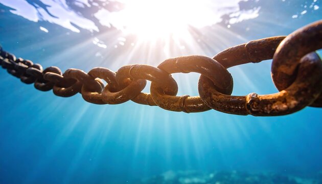 Underwater view of a rusty chain with sunbeams