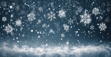 Falling snowflakes against a dark blue background with a snowy base