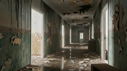 long abandoned hallway featuring heavily peeling paint on walls and ceiling dark streaks and debris-strewn reflective wet floor Multiple open doorways line the hall leading to distant window - Powered by Adobe
