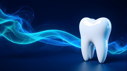 Shiny 3D tooth with glowing blue wave on dark background