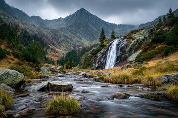 Mountain waterfall cascading into a stream