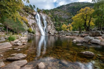 Fototapeta premium Waterfall cascading into a tranquil pool, surrounded by autumnal foliage