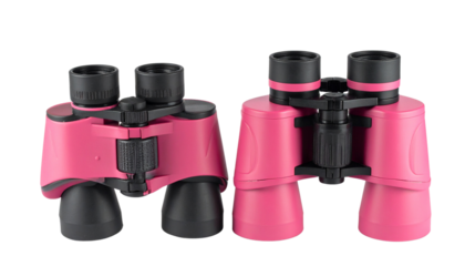 Modern compact binoculars in pink isolated on transparent background