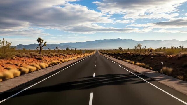 long straight desert road extends into the distance under vast sky with scattered clouds Sparse desert vegetation including distinctive trees and shrubs lines the reddish landscape to hazy mountains