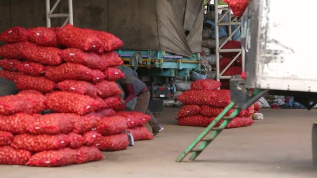 Un trabajador cargando un saco de papas para el transporte.