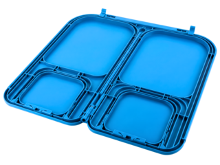 Open blue plastic organizer case with multiple compartments on a transparent background