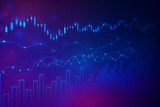 AI generated digital finance scene with glowing bar charts line graphs and candlestick charts on a purple blue background symbolizing investment data analysis and modern financial trends