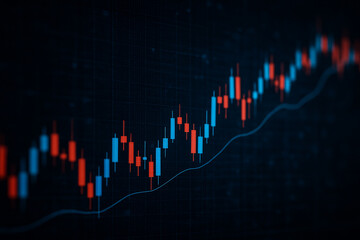 AI generated ultra realistic digital financial market scene with glowing red and blue candlestick charts on a dark background symbolizing trading volatility investment analysis and economic trends