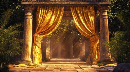 Ancient Stone Archway with Golden Curtains Opening to a Sunlit Mystical Garden Path, surrounded by lush foliage