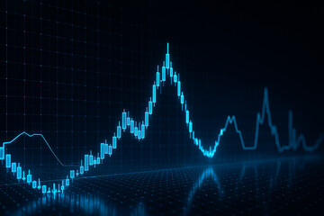 AI generated ultra realistic digital financial data chart with glowing blue lines on dark background showing market growth analysis and futuristic global connection concept