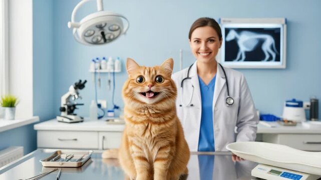 bright orange cat with wide eyes and open mouth sits on metallic vet table A smiling female veterinarian in white coat stands behind it The clinic features an x-ray microscope and instruments