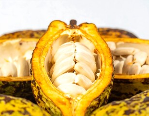 Raw cacao fruit split open revealing fresh beans