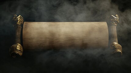 Ancient Golden Scroll Banner Unfurled in Mysterious Smoke with Blank Parchment Template