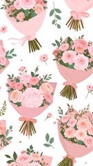 Pattern of pink rose bouquets, leaves, and berries