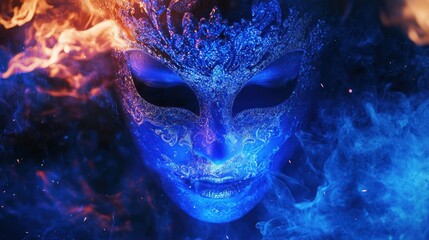 Luminous Blue Glitter Mask with Ornate Details, Emerging from Dynamic Fire and Swirling Ethereal Blue Smoke, Creating a Dramatic and Mystical Fantasy Scene