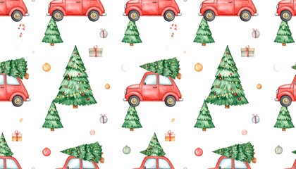 Pattern of red cars and Xmas trees with gifts joy