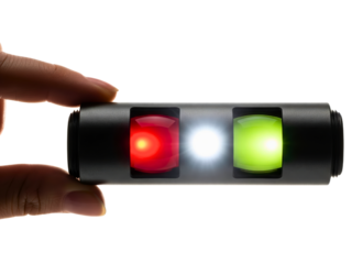 Portable signal device with illuminated red, white, and green lights on a transparent background
