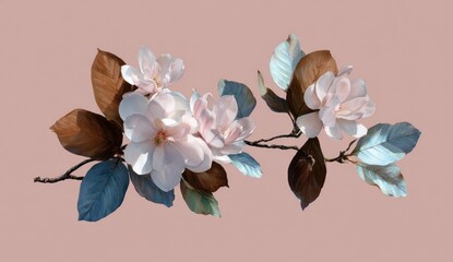 Delicate magnolia blossoms and leaves in soft pastel hues grace a light pinkish-tan backdrop.
