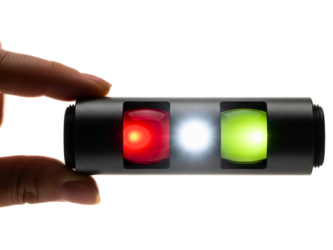 Portable signal device with illuminated red, white, and green lights on a transparent background