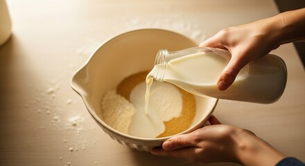 Closeup of hands pouring milk into a bowl of ingredients for baking preparing homemade batter