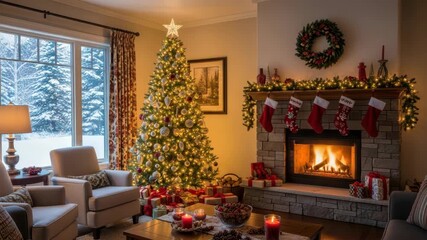 Cozy living room lit Christmas tree by snowy window Stone fireplace with fire stockings garland wreath Gifts candles on table make it festive - Powered by Adobe
