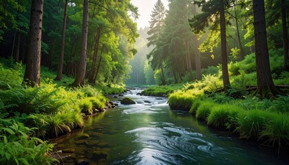 Obraz premium Scenic River Flowing Through Lush Green Forest With Sun Dappled Light