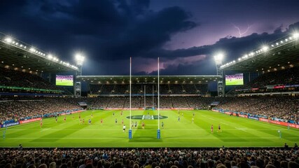 thrilling night rugby match unfolds in packed stadium under dazzling floodlights and lightning-streaked dark sky Thousands of fans watch players on the vibrant green pitch with video screens - Powered by Adobe