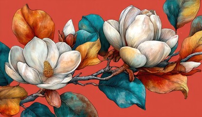 A detailed illustration of magnolia blossoms, leaves, and branches on a vibrant coral background, showcasing intricate linework and a soft color palette.
