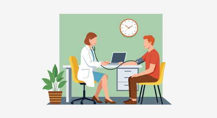 Doctor and patient measuring blood pressure. Medical treatment and healthcare poster, modern clinical analysis and treatment, medical diagnostic tests. Doctor visit in clinic vector illustration