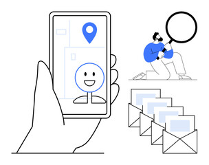 Hand holding smartphone with map and happy face pin, person analyzing with magnifier, stack of open envelopes. Ideal for navigation, search, communication, technology, marketing, analysis