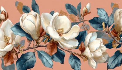 Detailed illustration of magnolia blossoms with intricate details, set against a peachy-coral backdrop, showcasing a rich, elegant floral design.