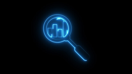 Neon magnifying glass with bar chart icon animation, glowing business analytics symbol, digital data analysis, SEO research, market growth, and financial statistics