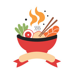 Vector art of steaming bowl of ramen with chopsticks, logo design