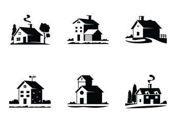 house home landscape set collection pack bundle black shape icon silhouette vector flat illustration design on white background