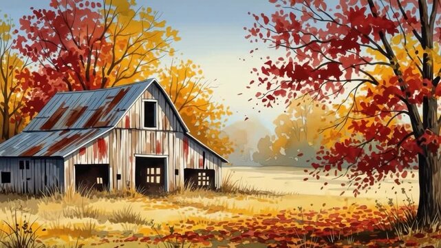 old wooden barn with rusty blue roof stands amidst vibrant autumn landscape Red and yellow trees frame the scene with fallen leaves scattered across the golden grassy field under soft sky